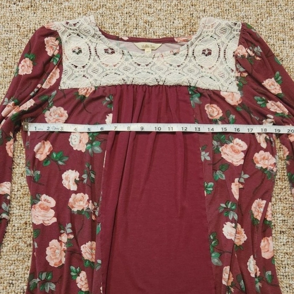 Matilda Jane Burgundy Floral Lace Yoke Long Sleeve Tunic Top XS - Picture 3 of 9